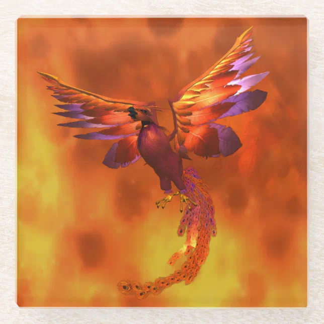 Colorful Phoenix Flying Against a Fiery Background Glass Coaster