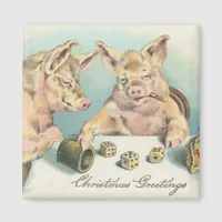 Vintage Hogs Playing Dice Christmas Greeting Magnet