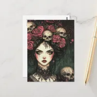 Persephone Pink Roses and Skulls Postcard