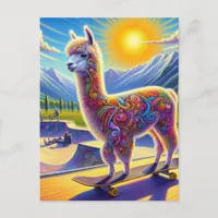 Skateboarding Surreal Adorable Alpaca Postcard