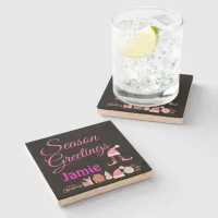 Season Greetings - Pink on Black Name Monogram | Stone Coaster