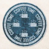 Coffee Time Silver on Blue Round Paper Coaster
