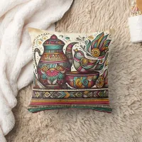 Vibrant tea set in a cozy nook throw pillow