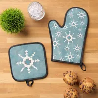 Southwest Winter Geometric Snowflakes Blue Oven Mitt & Pot Holder Set