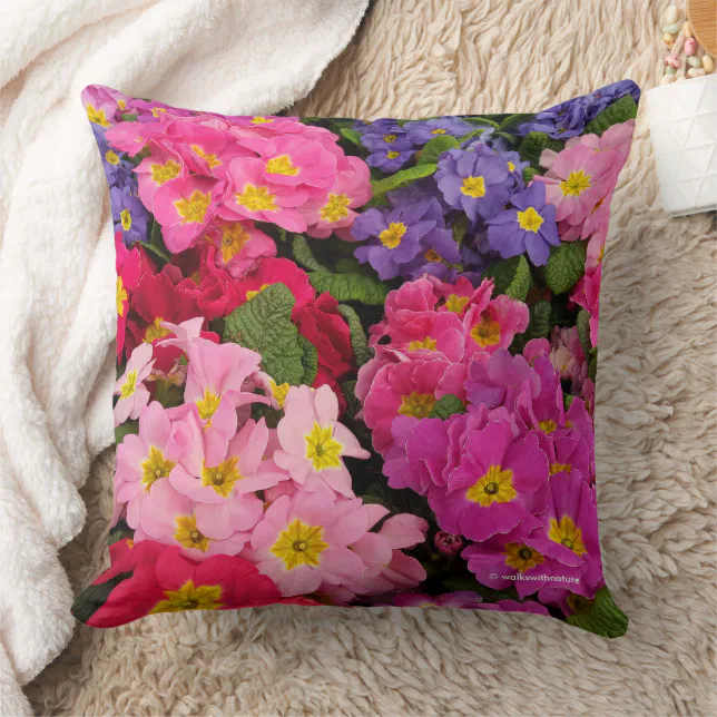 Colorful Medley Pink Blue Purple Primula Flowers Throw Pillow