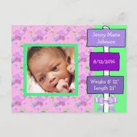 Purple and Green Baby Girl Birth Annoucnement Postcard