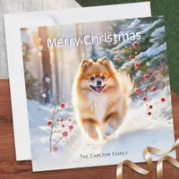 Pomeranian Dog Snow Picture Merry Christmas Holiday Card