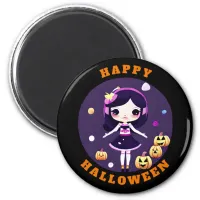 Cute Kawaii Girl in Pumpkins Halloween Magnet