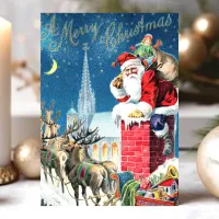 Vintage Santa Claus Chimney Merry Christmas Holiday Card