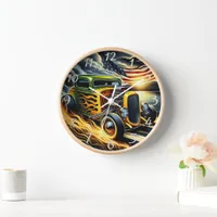 Vintage hot rod racing by a lakeside at sunset clock