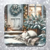 Kitten Asleep on Festive Front Porch Christmas Square Sticker