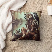 Native American Woman Posing With Raven by River Throw Pillow