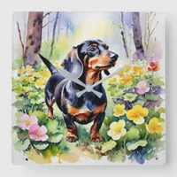 Watercolor Dachshund Sausage Dog Woodland Primrose Square Wall Clock