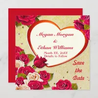 Roses and Heart Frame Save the Date Flat Card