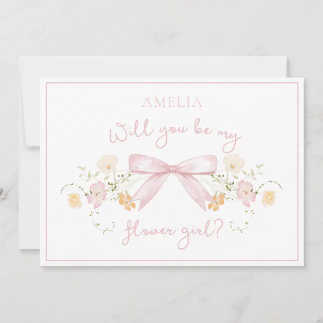 Chic Flower Girl Proposal with Bow and Name Pink Card