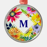 Watercolor Flowers Monogrammed  Metal Ornament
