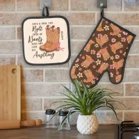 Country Western Boho Flower Boot Pattern Cowgirl  Oven Mitt & Pot Holder Set