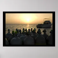 Scuba Tanks and Dive Boat at Sunrise Poster