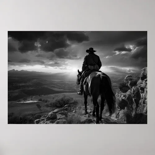 Cowboy on horseback at sunset B&W photo Poster