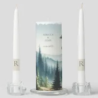 Monogram Personalized Pine Forest Wedding Unity Candle Set