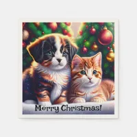 Cute puppy and cat under Christmas tree Napkins