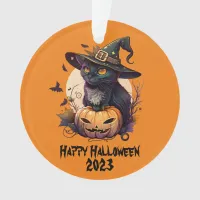 Happy Halloween 2023 Black Cat & Jack-o-Lantern Ornament