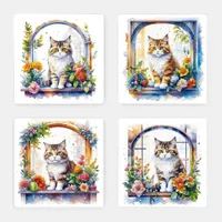 Cute Cats in Window of Flowers Personalized Coaster Set