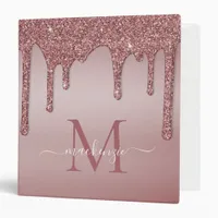 Luxury Rose Gold Glitter Drips Monogram 3 Ring Binder