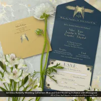 Art Deco Butterfly Monogram Blue Gold Wedding  All In One Invitation