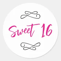 Hot Pink Chic Doodle Modern Script Sweet 16 Classic Round Sticker