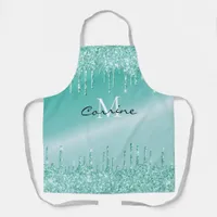 Monogram Aqua Blue Dripping Teal Glitter Metallic Apron