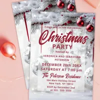 Red Silver Christmas Baubles Snow-Frosted Branches Invitation