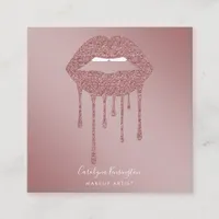 Rose Gold Dripping Glitter Lips Makeup Square Business Card