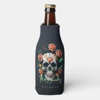 Floral Skull Monogram Family Name Halloween Bottle Cooler