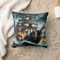 Pirate Ship Battling Stormy Seas at Dusk Throw Pillow