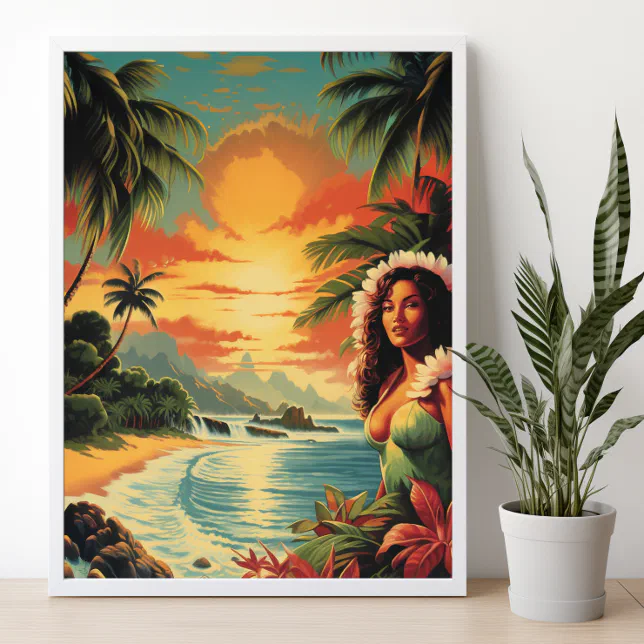 Vintage Art Hawaii Beach Hawaiian Girl Travel  Poster