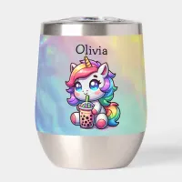 Cute Kawaii Unicorn with Bubble Tea Personalized Thermal Wine Tumbler