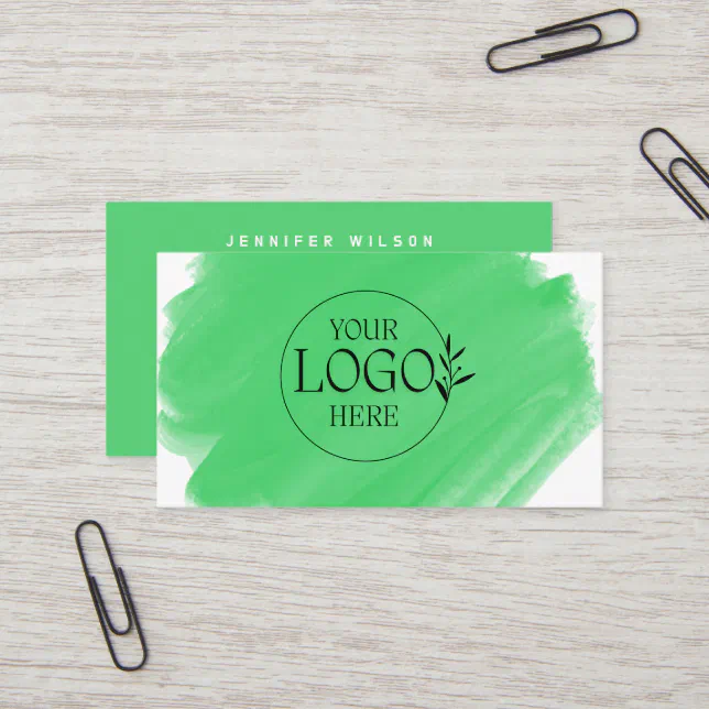 Green watercolor brushstroke upload your logo business card