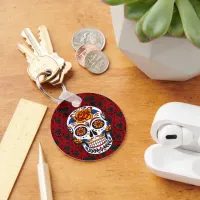 Sugar Skull Red Floral Cinco de Mayo Holiday Name Keychain