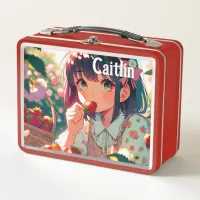 Cute Anime Girl Eating Strawberries   Metal Lunch Box