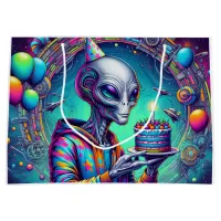 Alien holding Birthday Cake  Large Gift Bag