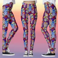 Sugar Skulls Colorful Roses Cinco All Souls Leggings