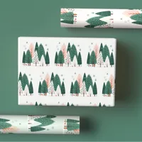 Cute Green & Coral Christmas Pine Tree Woodland Wrapping Paper Sheets