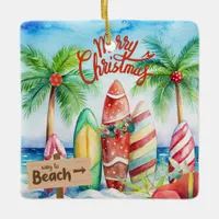 Merry Christmas Surfboards on the Beach Ornament