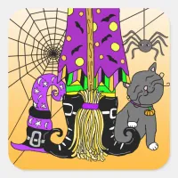 Halloween Witch, Cat, Spider and Broomstick Square Sticker