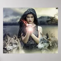 Mystical Girl with Fire Ball and Wolves Poster