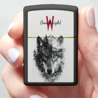 Wolf merges with moonlit forest scene zippo lighter