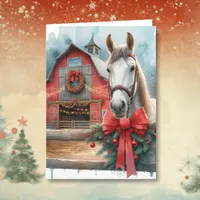 Watercolor White Horse and Festive Farm Christmas Holiday Card