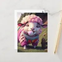 Funny Pink Sheep in a Sweater Chewing Bubble Gum Postcard