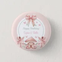 Fairy Girls Mushroom House Ribbon Twins Birthday Button